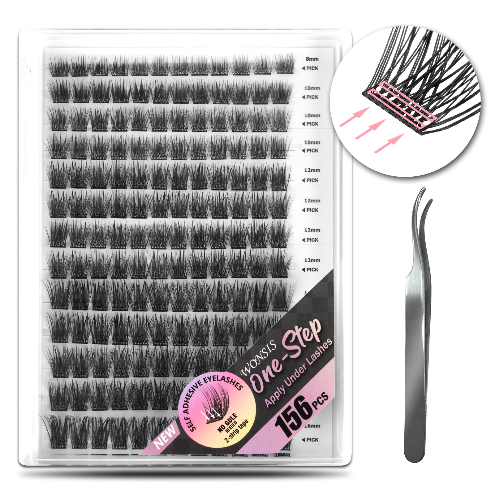 WONSIS Self Adhesive Eyelashes, 156 Pcs Self Adhesive Eyelash Clusters, No Glue Needed, Invisible 2-Strip Tape - Longer Lasting, No Sticky Residue Pre Glued Eyelashes (Volume-Mixed)