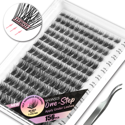 WONSIS Self Adhesive Eyelashes, 156 Pcs Self Adhesive Eyelash Clusters, No Glue Needed, Invisible 2-Strip Tape - Longer Lasting, No Sticky Residue Pre Glued Eyelashes (Volume-Mixed)