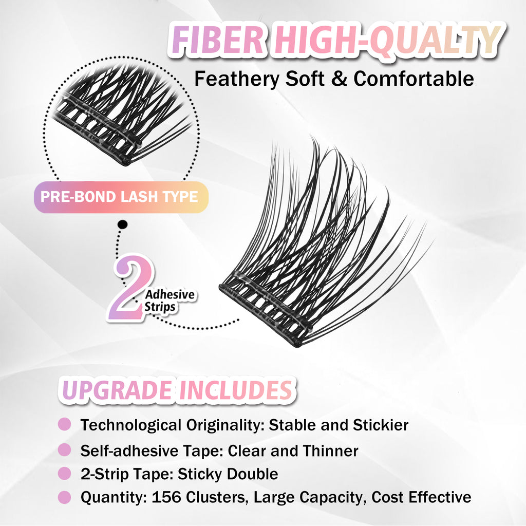WONSIS Self Adhesive Eyelashes, 156 Pcs Self Adhesive Eyelash Clusters, No Glue Needed, Invisible 2-Strip Tape - Longer Lasting, No Sticky Residue Pre Glued Eyelashes (Volume-Mixed)
