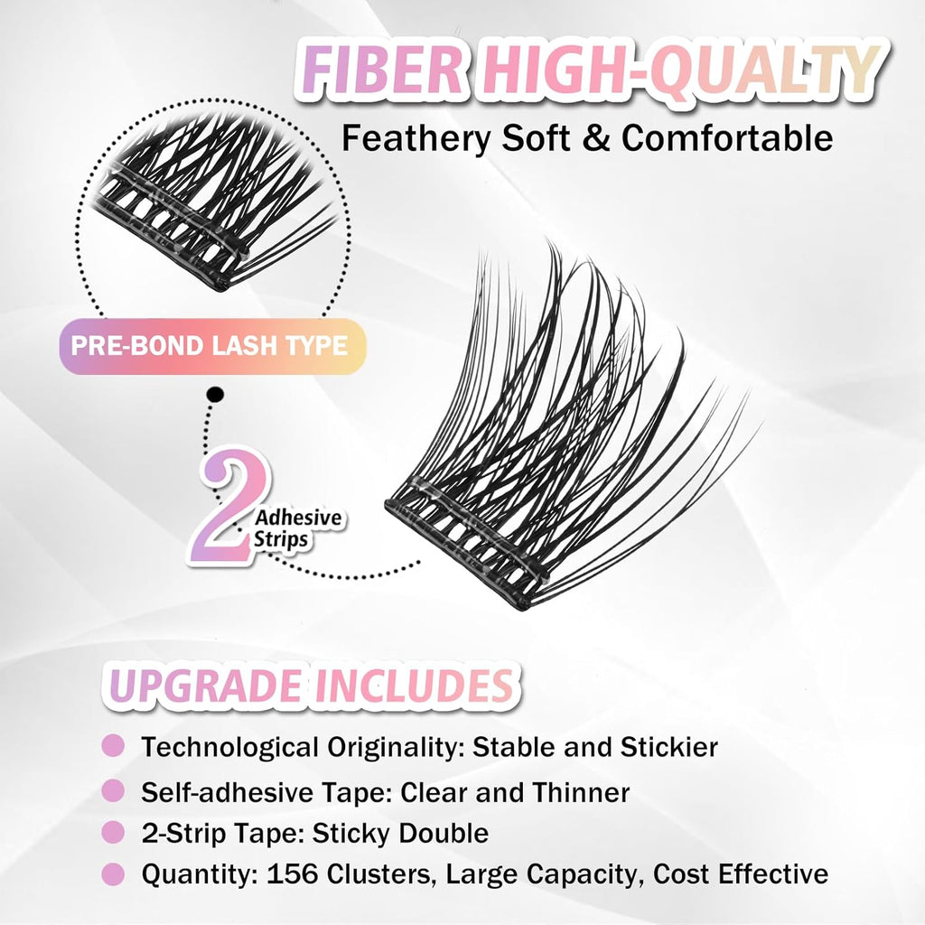 WONSIS Self Adhesive Eyelashes, 156 Pcs Self Adhesive Eyelash Clusters, No Glue Needed, Invisible 2-Strip Tape - Longer Lasting, No Sticky Residue Pre Glued Eyelashes (Volume-Mixed)