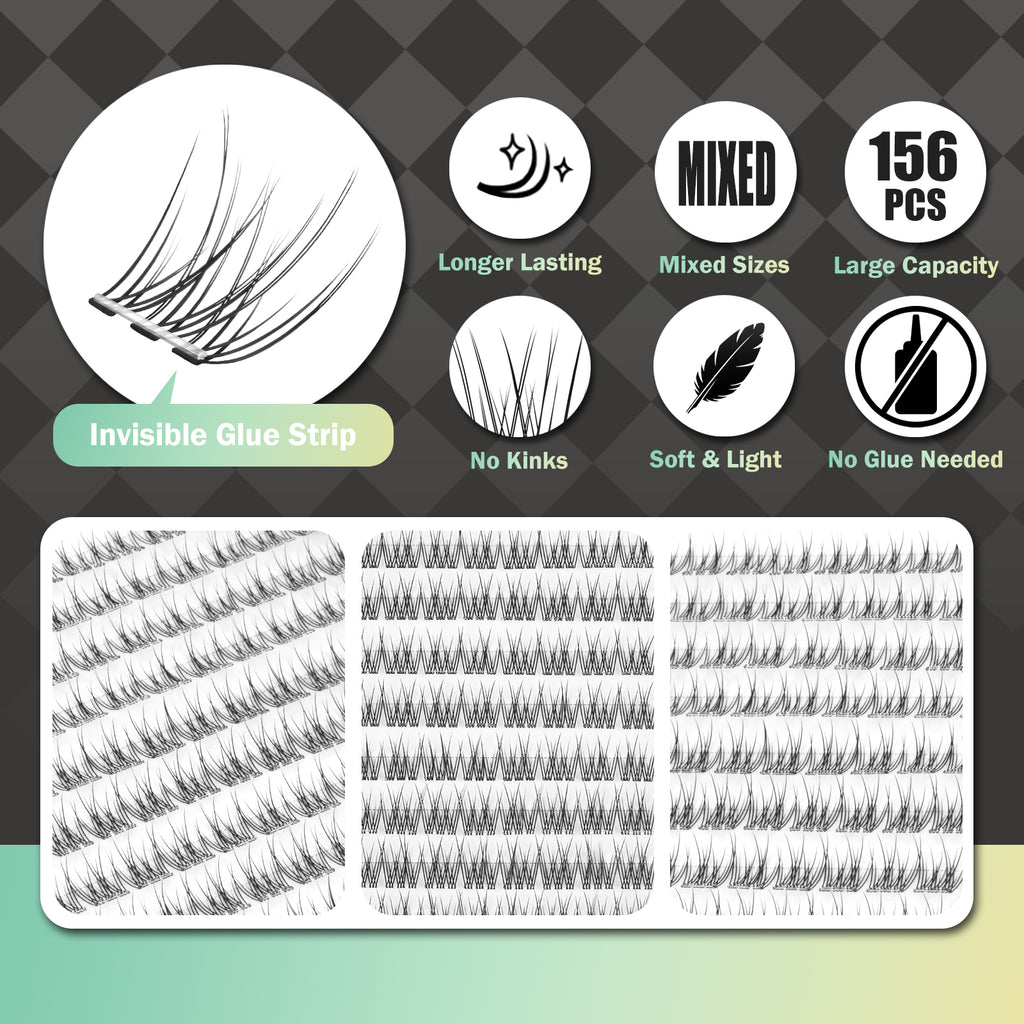 WONSIS Self Adhesive Eyelashes, 156 Pcs Self Adhesive Eyelash Clusters, No Glue Needed, Invisible Band Lash Clusters - Longer Lasting, No Sticky Residue Pre Glued Eyelashes