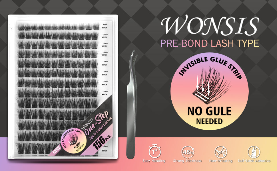 WONSIS Self Adhesive Eyelashes, 156 Pcs Self Adhesive Eyelash Clusters, No Glue Needed, Invisible 2-Strip Tape - Longer Lasting, No Sticky Residue Pre Glued Eyelashes (Volume-Mixed)