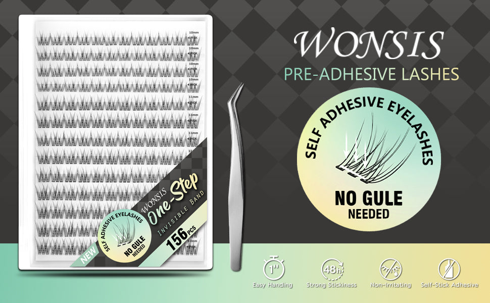 WONSIS Self Adhesive Eyelashes, 156 Pcs Self Adhesive Eyelash Clusters, No Glue Needed, Invisible Band Lash Clusters - Longer Lasting, No Sticky Residue Pre Glued Eyelashes