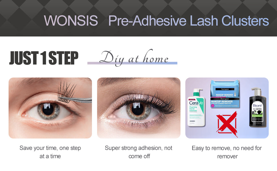 WONSIS Self Adhesive Eyelashes, 156 Pcs Self Adhesive Eyelash Clusters, No Glue Needed, Invisible Strip Tape - Longer Lasting, No Sticky Residue Pre Glued Eyelashes (Natural-Mixed)…