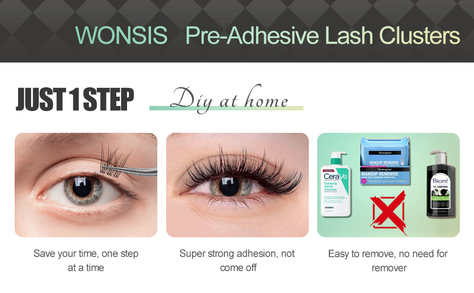 WONSIS Self Adhesive Eyelashes, 156 Pcs Self Adhesive Eyelash Clusters, No Glue Needed, Invisible Band Lash Clusters - Longer Lasting, No Sticky Residue Pre Glued Eyelashes