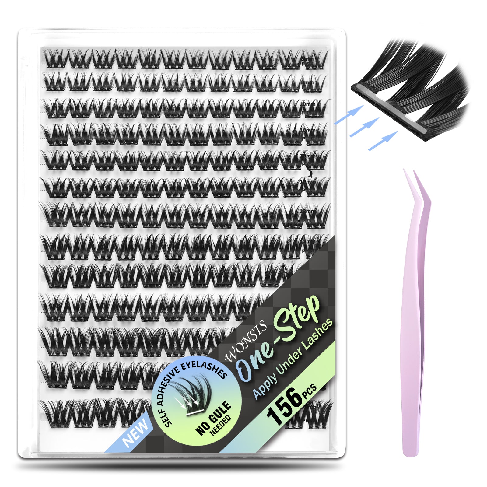 WONSIS Self Adhesive Eyelashes, 156 Pcs Self Adhesive Eyelash Clusters, No Glue Needed, Invisible Band Lash Clusters - Longer Lasting, No Sticky Residue Pre Glued Eyelashes (Spiky-Invisible Band)
