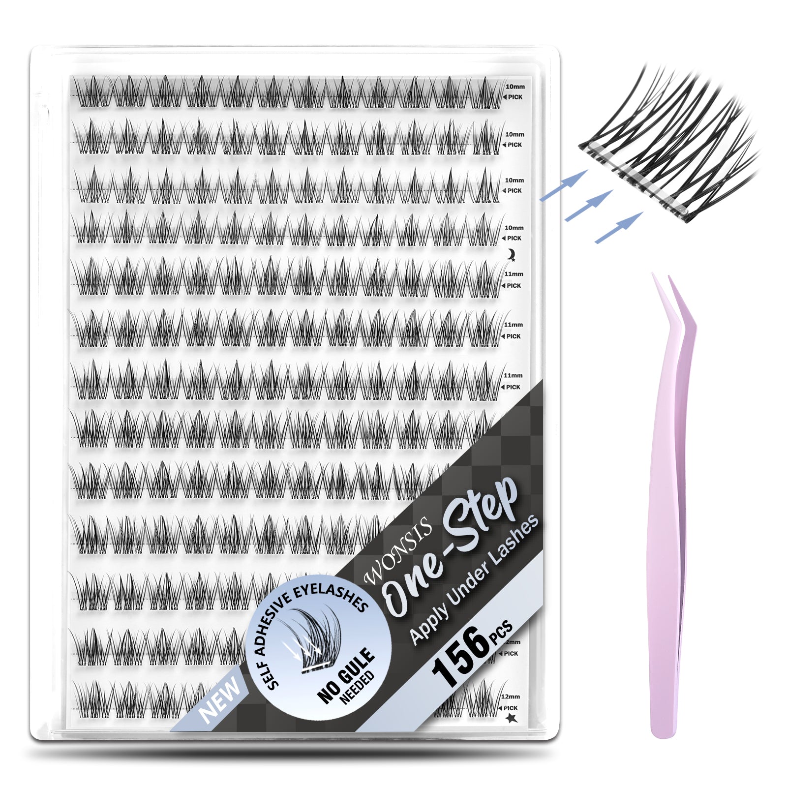 WONSIS Self Adhesive Eyelashes, 156 Pcs Self Adhesive Eyelash Clusters, No Glue Needed, Invisible Strip Tape - Longer Lasting, No Sticky Residue Pre Glued Eyelashes (Wispy-Mixed)