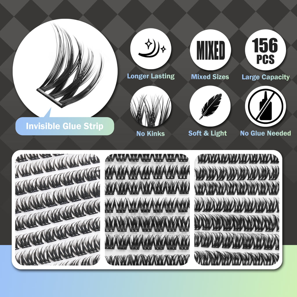 WONSIS Self Adhesive Eyelashes, 156 Pcs Self Adhesive Eyelash Clusters, No Glue Needed, Invisible Band Lash Clusters - Longer Lasting, No Sticky Residue Pre Glued Eyelashes (Spiky-Invisible Band)