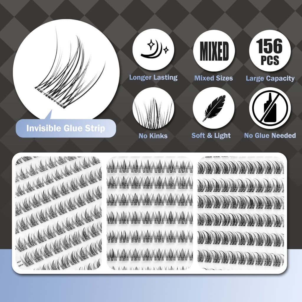WONSIS Self Adhesive Eyelashes, 156 Pcs Self Adhesive Eyelash Clusters, No Glue Needed, Invisible Strip Tape - Longer Lasting, No Sticky Residue Pre Glued Eyelashes (Wispy-Mixed)